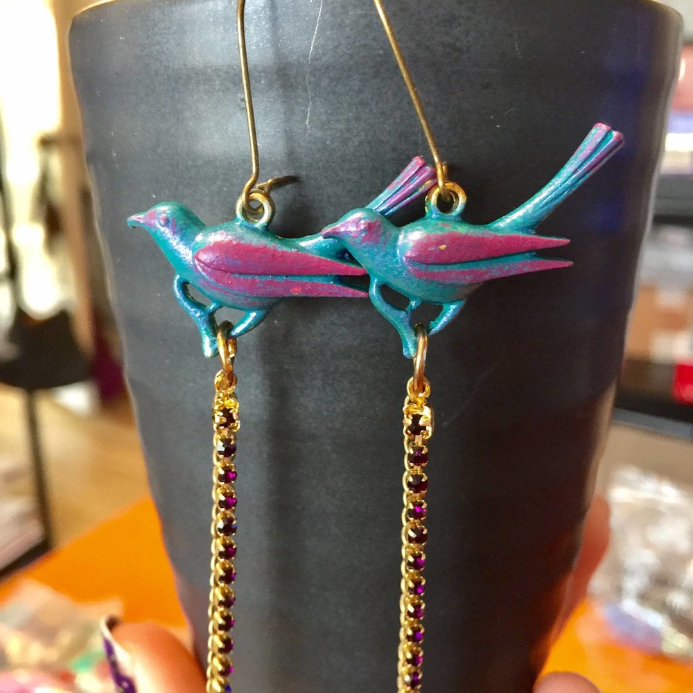 Handmade long hand painted bird cup chain earrings